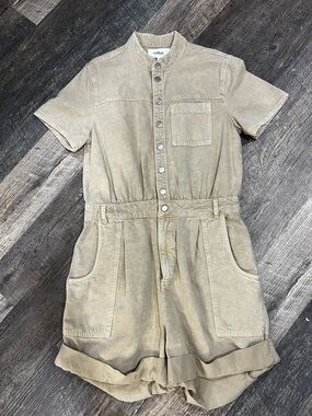 ba&sh Beige Short-Sleeve Button-Front Denim Romper
